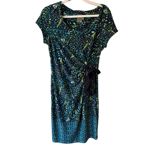 Taylor Blue and Black Ruched Wrap Midi Dress